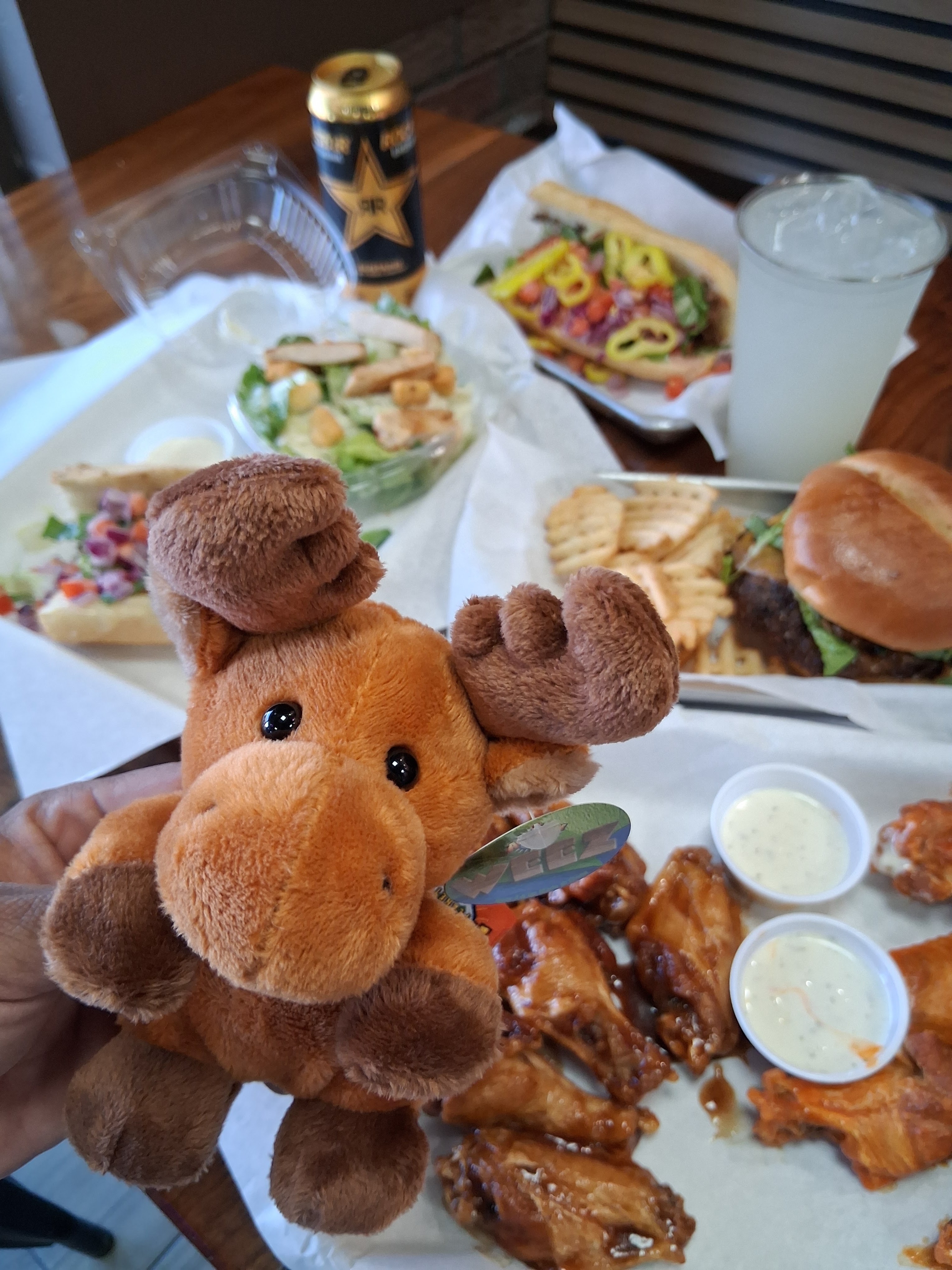A plush moose toy being held in front of a table with various food items, including chicken wings, a salad, a burger, and a drink.