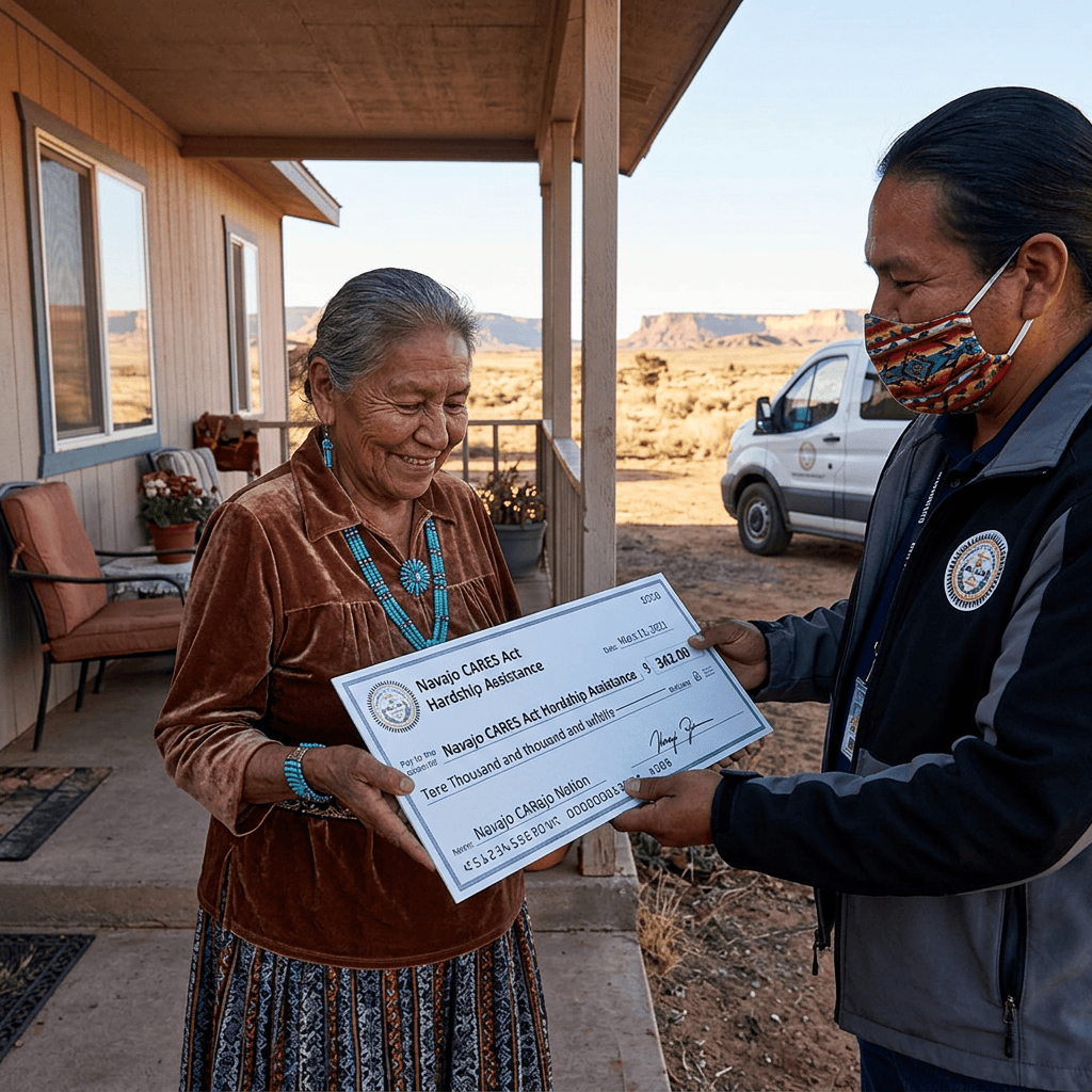 An elderly woman joyfully receives a large check for financial assistance from a man in a mask, standing outside a home in a rural setting.