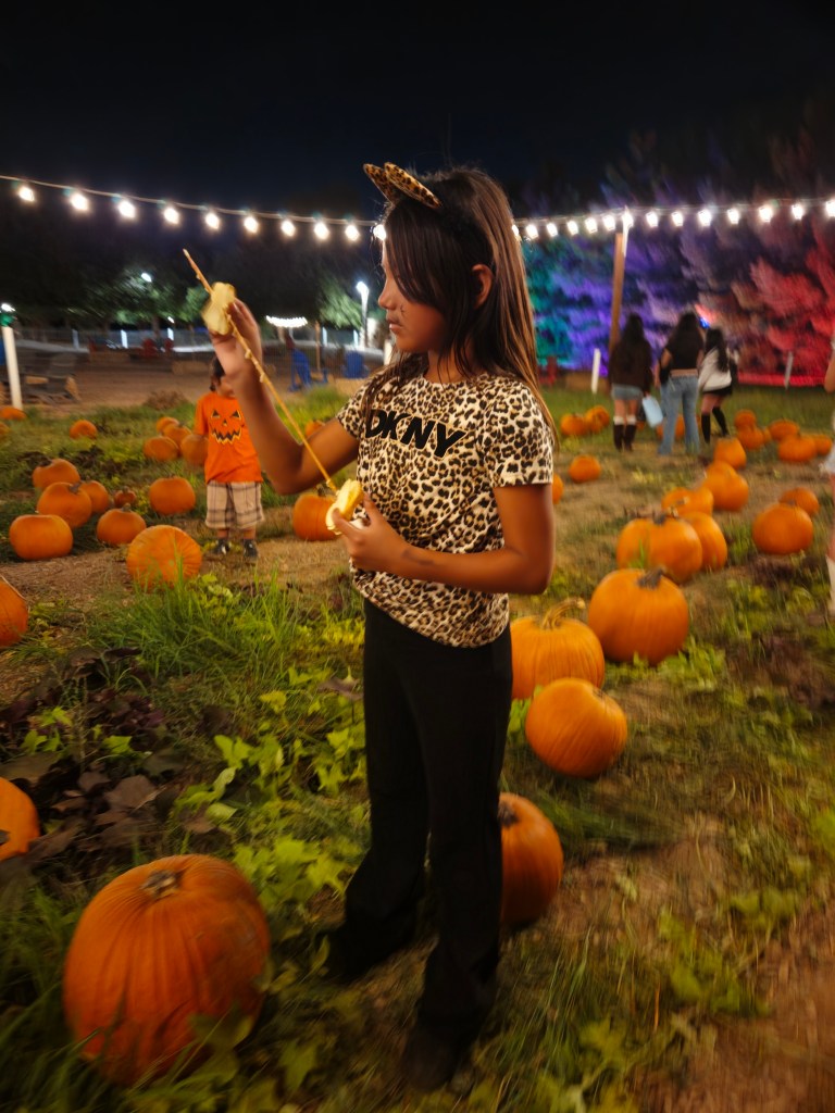 A young girl in a leopard-print shirt and cat ears holds a piece of candy apple while standing among pumpkins at night, with colorful lights in the background.